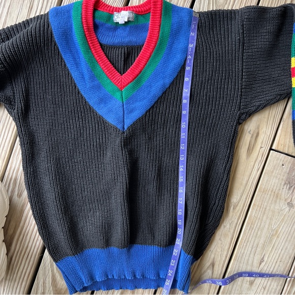 Vintage 80s shaker knit sweater merona preppy black blue red yellow green M - Picture 4 of 7